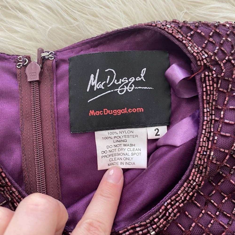 Mac Duggal Purple Plum Lattice Beaded Long Sleeve Modest Formal Midi Dress - Picture 13 of 16